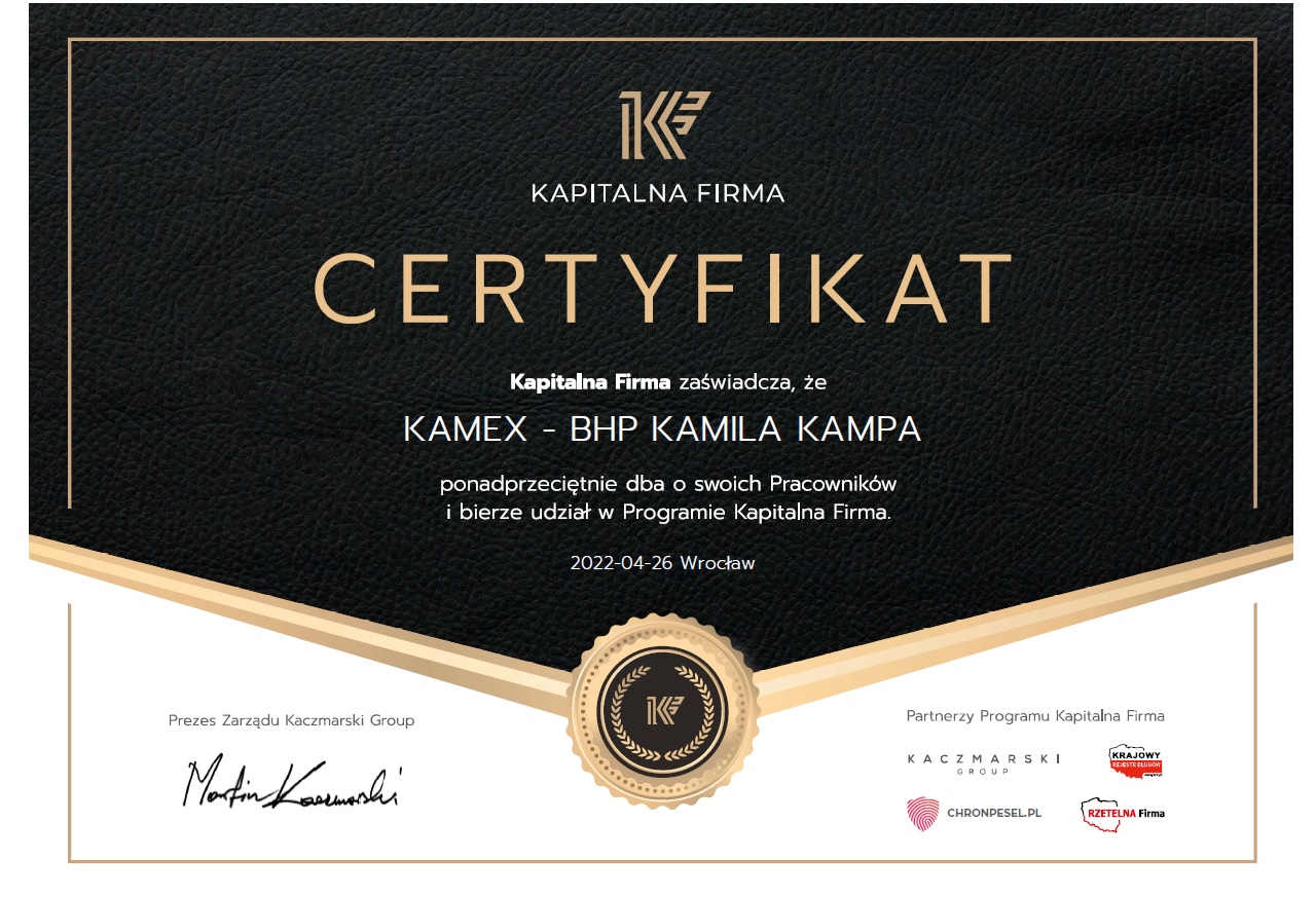 Kapitalna Firma - Certyfikat - Kamex